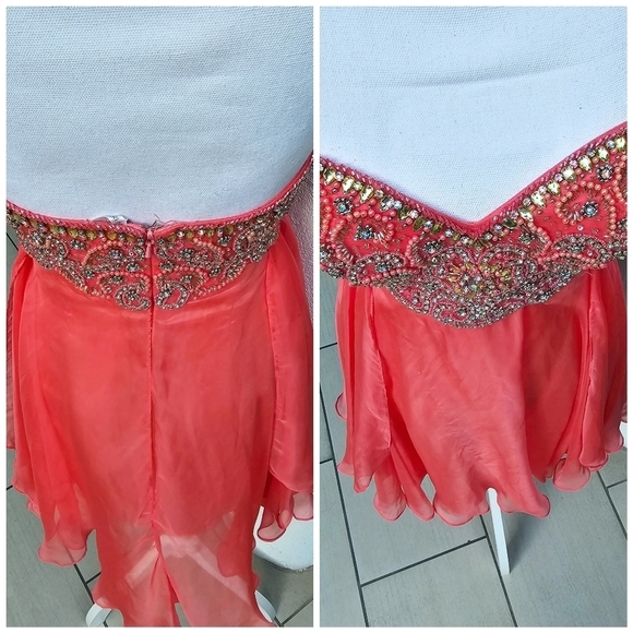 Sherri Hill ✦ Strapless Beaded Mini Dress ✦ Coral Rhinestone Prom Silhouette 8 - Picture 13 of 17